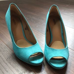 Teal peep toe high heels